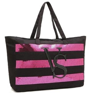 Victoria's Secret Black and Pink Sequin Tote Bag